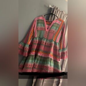 Women's Tiered Long-Sleeve Boho Dress in Pink & Mint